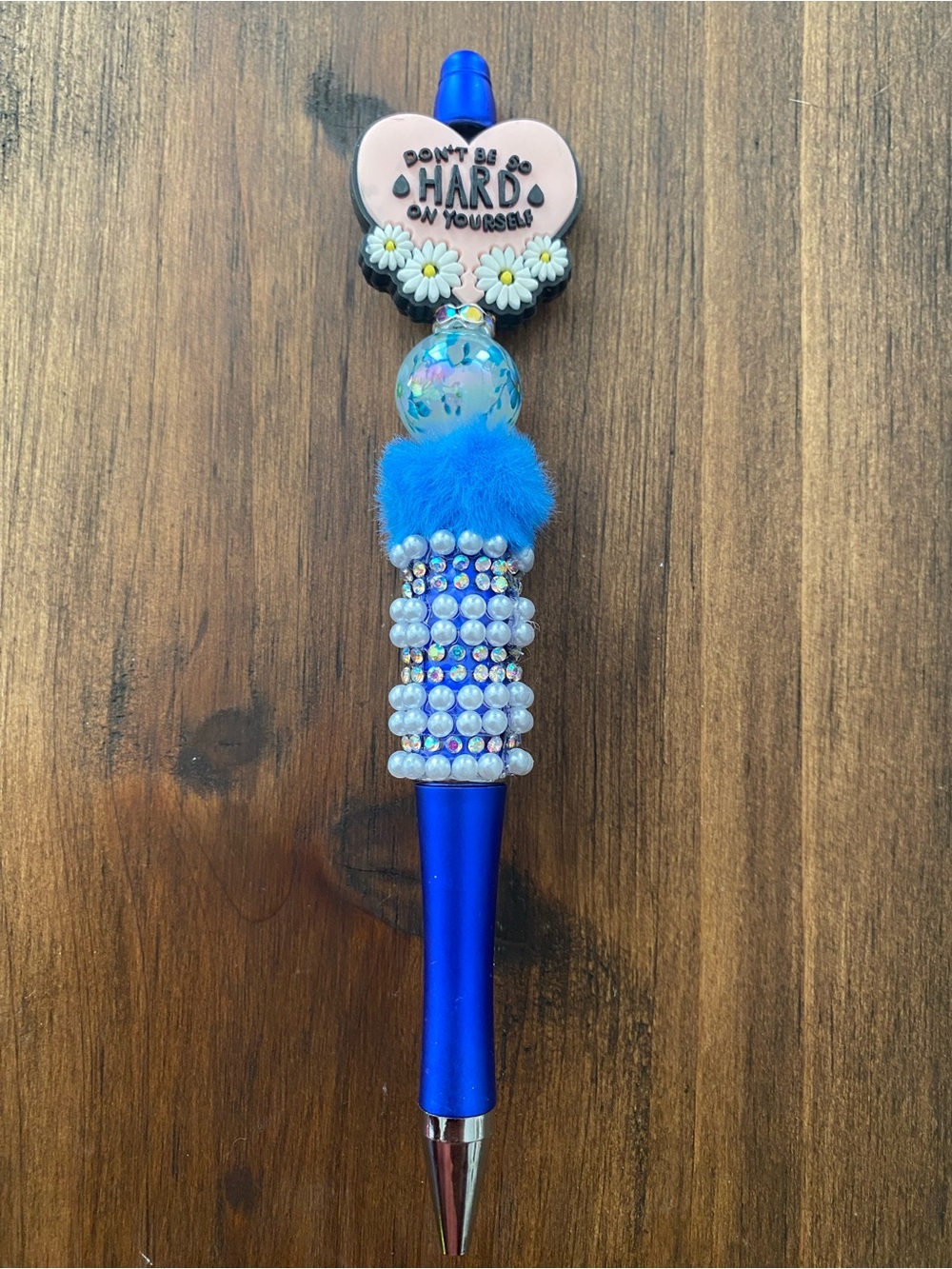 Beaded Blue Decorative Pen with 'Don't Be Hard On Yourself' Charm